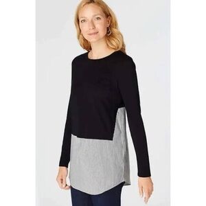 J Jill Mixed Media Top‎ Tunic Black Knit Striped Cotton Modal Long Sleeve Medium